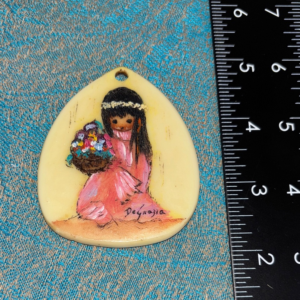 Vintage Ted DeGrazia Hand Painted Pendant Cocopah Native American Girl w/Flowers